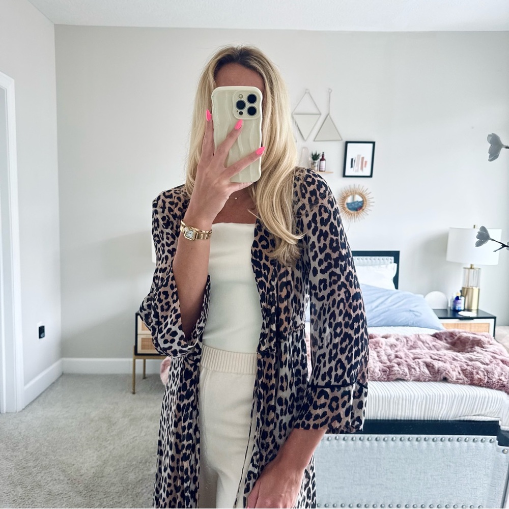 GANNI Leopard Print Mesh Wrap Maxi Cardigan Duster
